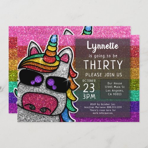 Magical Rainbow Unicorn Glitter Whimsical Birthday Invitation