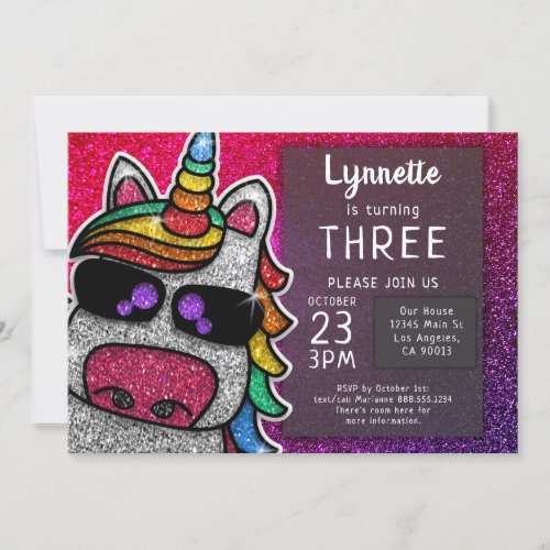 Magical Rainbow Unicorn Glitter Whimsical Birthday Invitation