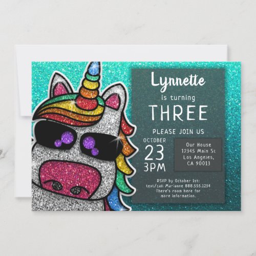 Magical Rainbow Unicorn Glitter Whimsical Birthday Invitation