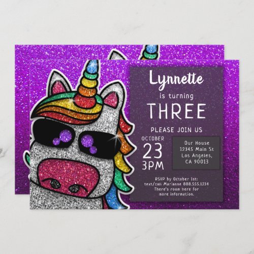 Magical Rainbow Unicorn Glitter Whimsical Birthday Invitation