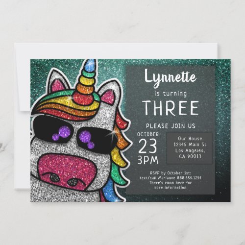 Magical Rainbow Unicorn Glitter Whimsical Birthday Invitation