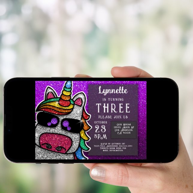 Magical Rainbow Unicorn Glitter Whimsical Birthday Invitation (Front Digital)