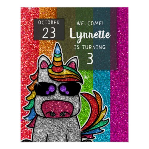 Magical Rainbow Unicorn Glitter Whimsical Birthday Poster