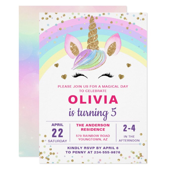 Magical Rainbow Unicorn Gold Glitter Girl Birthday Invitation