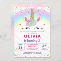 Magical Rainbow Unicorn Gold Glitter Girl Birthday Invitation