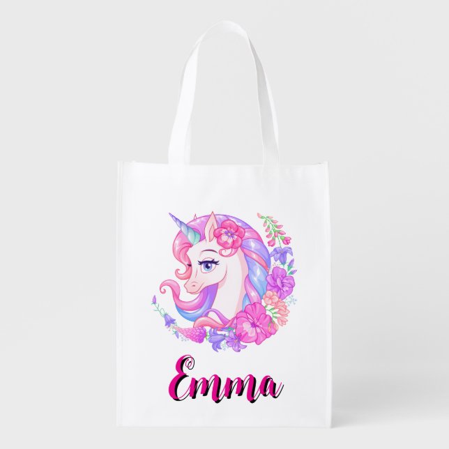 Magical Rainbow Unicorn name Personalized  Grocery Bag (Front)