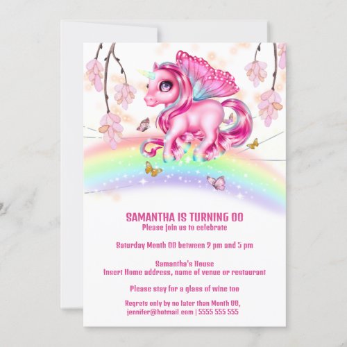 Magical rainbow unicorn pink fantasy wings invitation