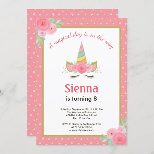 Magical Rainbow Unicorn Pink Floral Birthday Party Invitation