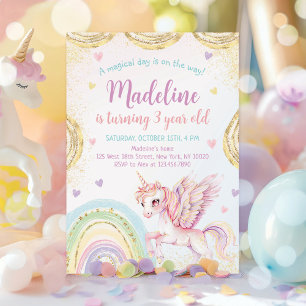 Magical Rainbow Unicorn Pink Gold Birthday Party Invitation
