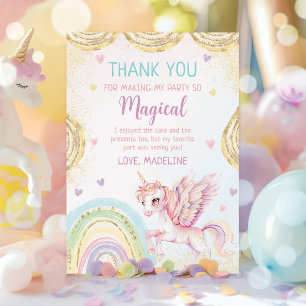 Magical Rainbow Unicorn Pink Gold Birthday Party Thank You Card