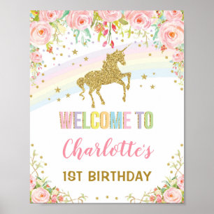 Magical Rainbow Unicorn Pink Gold Floral Welcome Poster