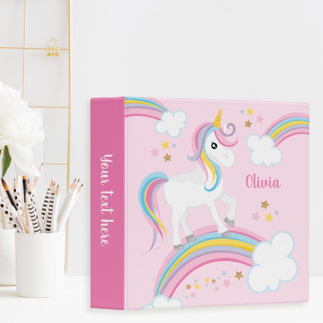 Magical Rainbow Unicorn Pink Personalized Kids 3 Ring Binder (Creator Uploaded)