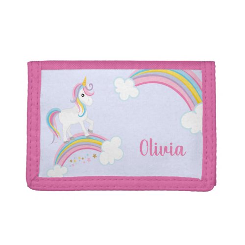 Magical Rainbow Unicorn Purple Personalized Girls Trifold Wallet