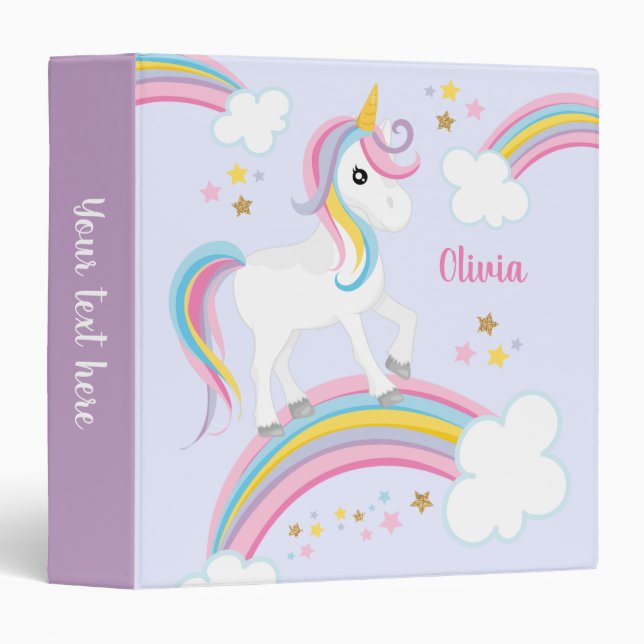 Magical Rainbow Unicorn Purple Personalized Kids 3 Ring Binder (Front/Spine)