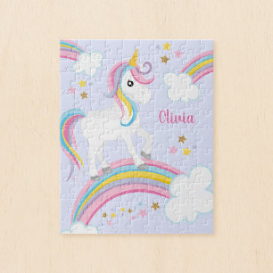 Magical Rainbow Unicorn Purple Personalized Kids Jigsaw Puzzle