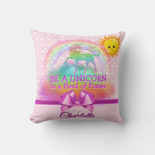 Magical Rainbow Unicorn Quote Pink Personalized Throw Pillow