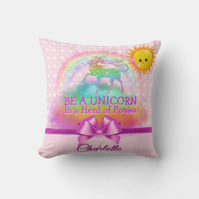 Magical Rainbow Unicorn Quote Pink Personalized Throw Pillow (Front)