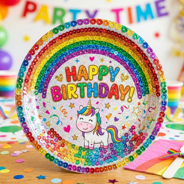 Magical Rainbow Unicorn Sequin Print Birthday Paper Plates (Creator Uploaded)