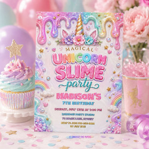 Magical Rainbow Unicorn Slime Birthday Party Invitation