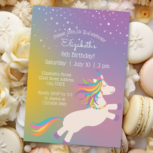 Magical Rainbow Unicorn Stars Kids Birthday Party Invitation