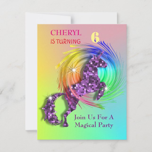 Magical Rainbow Unicorn Themed Party Invitation (Front)