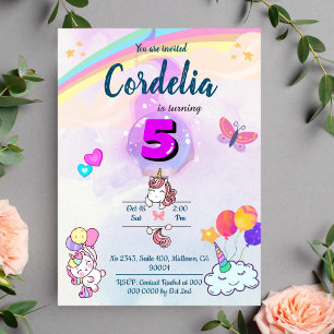 Magical Rainbow vibrant Unicorn 5th Birthday Invitation
