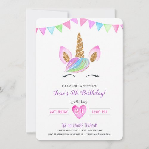 Magical Rainbow Watercolor Unicorn Birthday Invitation