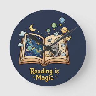 Magical Reading Adventure - Kawaii Bookish Design Round Clock