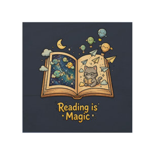 Magical Reading Adventure - Kawaii Bookish Design Wood Wall Art