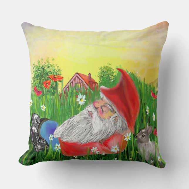 Magical Red and Green Gnome and Rabbit Throw Pillow (Front)