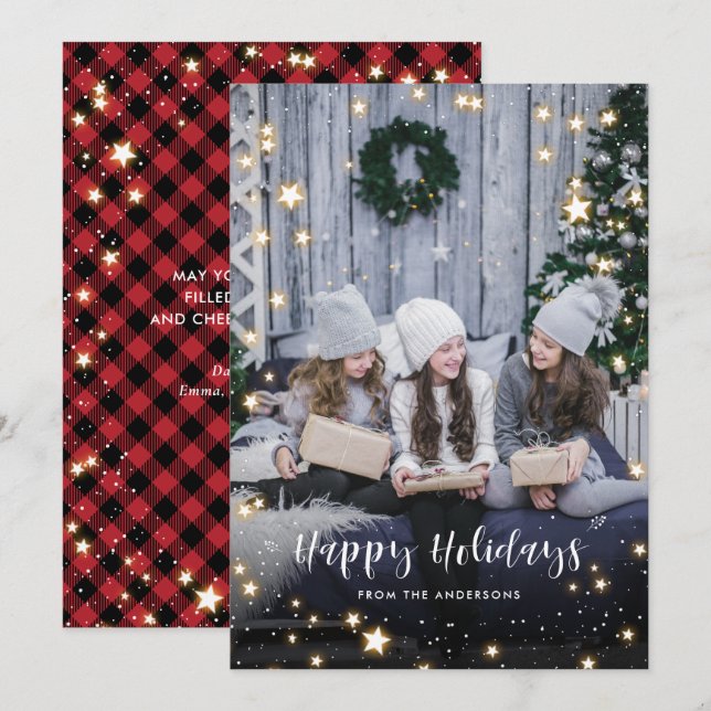 Magical Red Buffalo Plaid Snow Stars Photo Holiday Card (Front/Back)