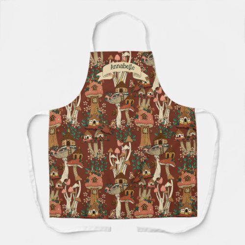 Magical Red Cottage Core Floral Mushroom Pattern  Apron