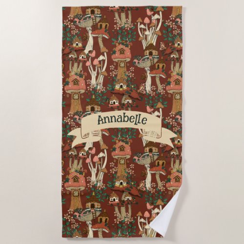 Magical Red Cottage Core Floral Mushroom Pattern  Beach Towel