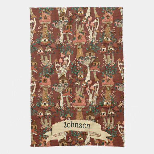 Magical Red Cottage Core Floral Mushroom Pattern  Kitchen Towel