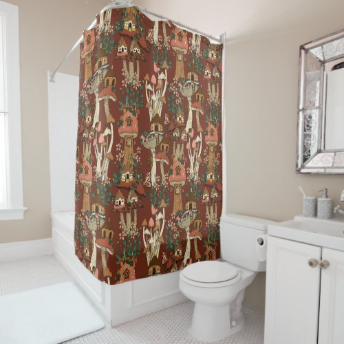 Magical Red Cottage Core Floral Mushroom Pattern  Shower Curtain