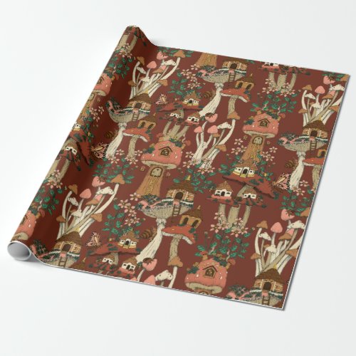 Magical Red Cottage Core Floral Mushroom Pattern  Wrapping Paper