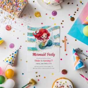 Magical Red-Haired Mermaid Birthday Invitation