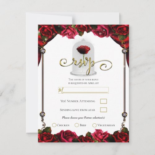 Magical Red Rose Gold White Party RSVP Response Invitation