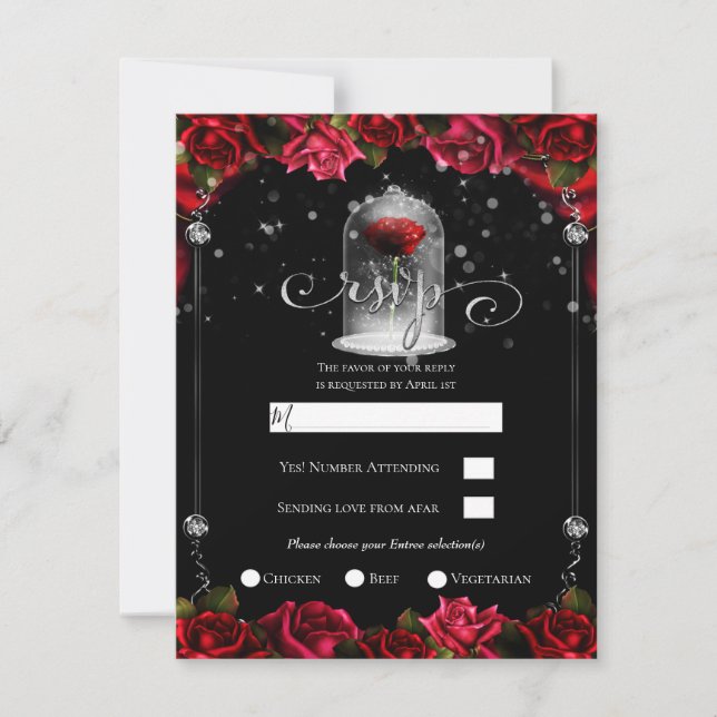 Magical Red Rose White Gold Silver Black RSVP   Invitation (Front)