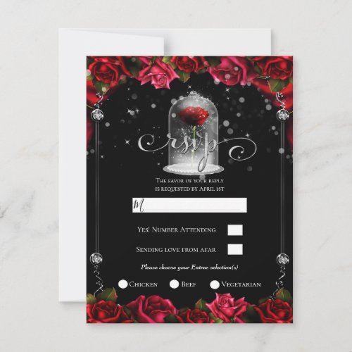 Magical Red Rose White Gold Silver Black RSVP   Invitation