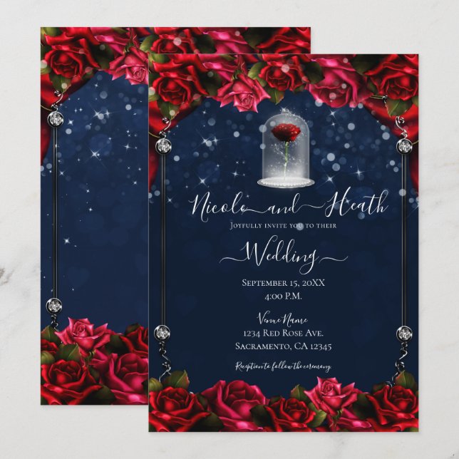 Magical Red Rose White Gold Silver Blue Wedding  Invitation (Front/Back)