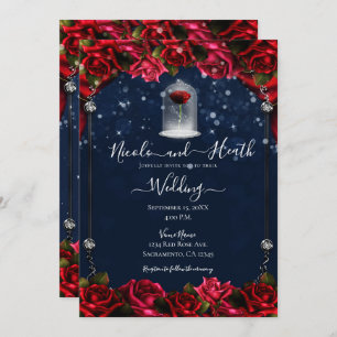 Magical Red Rose White Gold Silver Blue Wedding Invitation