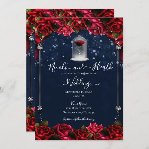 Magical Red Rose White Gold Silver Blue Wedding  Invitation