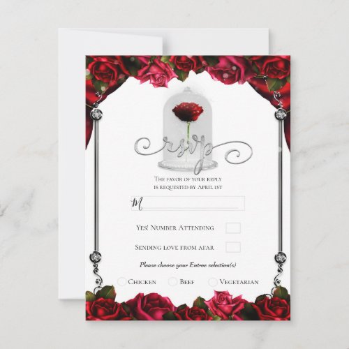 Magical Red Rose White Gold Silver Party RSVP  Invitation