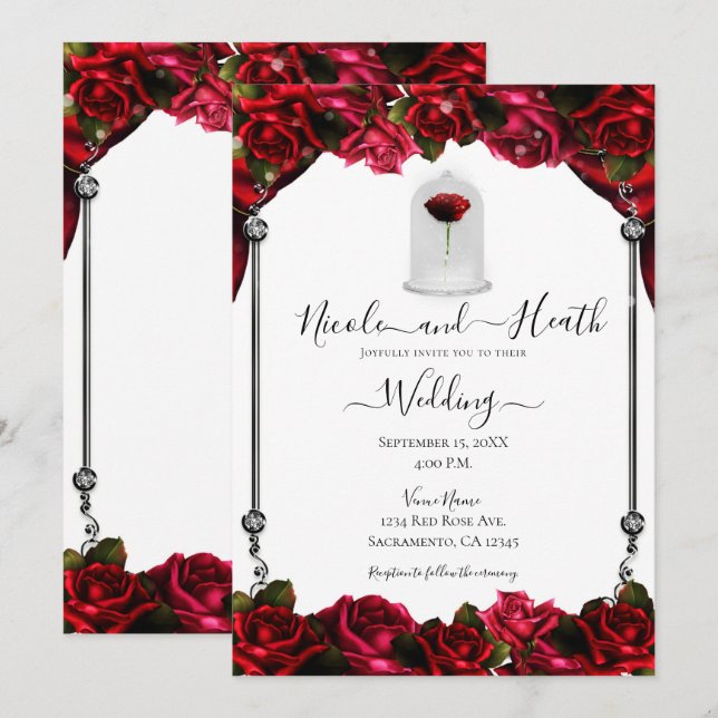 Magical Red Rose White Gold Silver White Wedding Invitation (Front/Back)