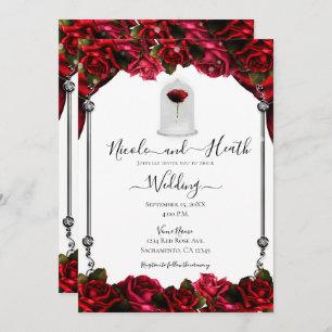 Magical Red Rose White Gold Silver White Wedding Invitation