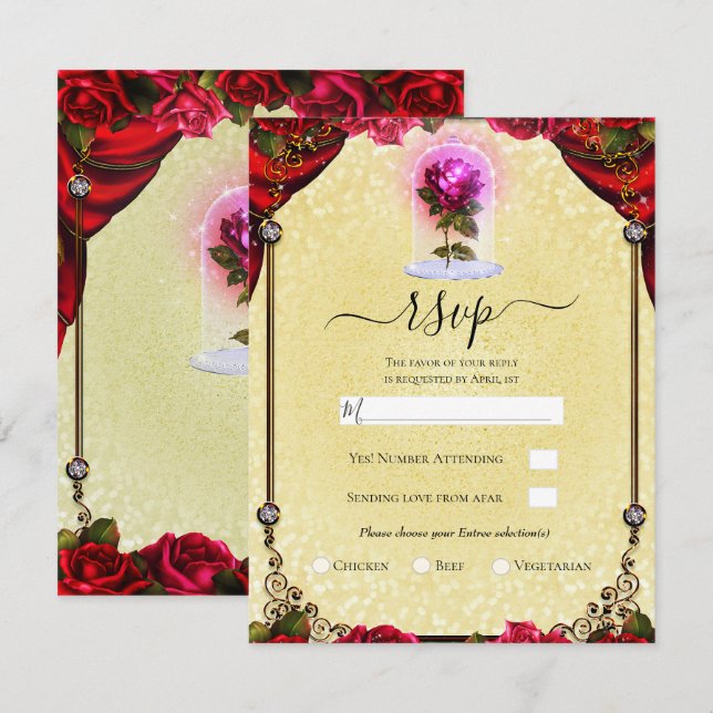 Magical Red Rose Yellow Gold Sparkle Party RSVP   Invitation (Front/Back)