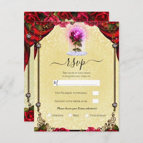 Magical Red Rose Yellow Gold Sparkle Party RSVP   Invitation