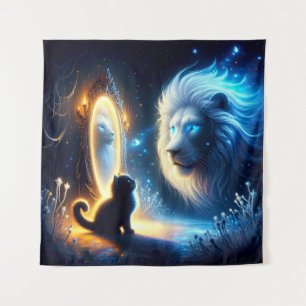 Magical Reflection: Black Cat and White Lion Tapestry