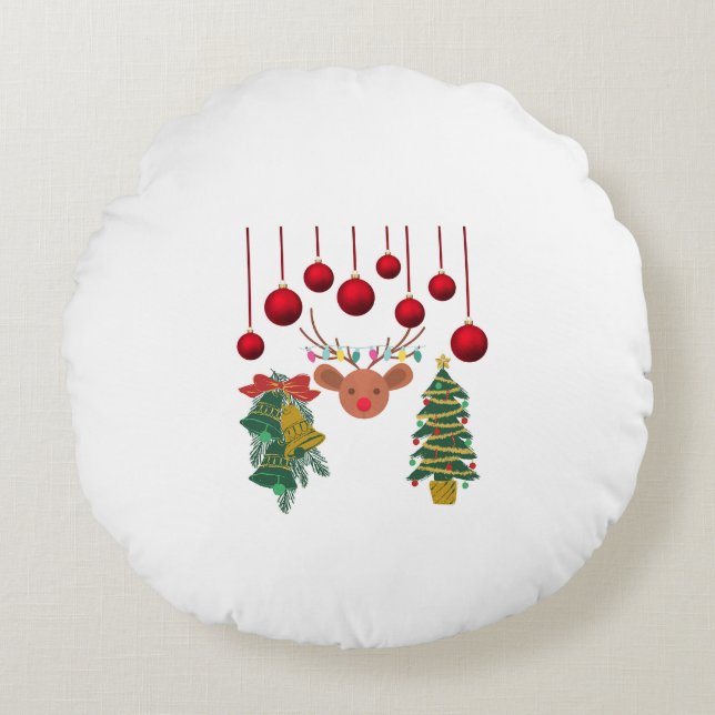 Magical Reindeer Bells and Christmas Tree Design  Round Pillow (Front)